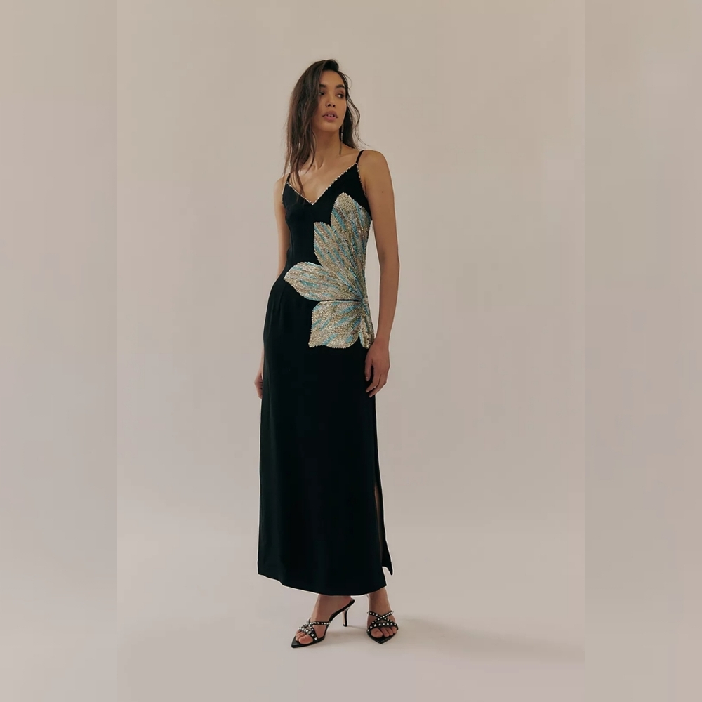 Free People La Fuori Calla Blue Lily Noir Slip Dress Black Women's Size XL